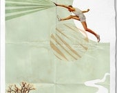 You Can Do It -Fine Art Collage Illustration Print Handmade Watercolor Paper 8x12, Sportsman jumping into the sky
