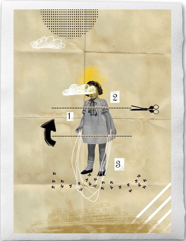 The skip roping doll, Fine Art Collage Illustration Print   8x12 inch, Little Girl on brown folded paper