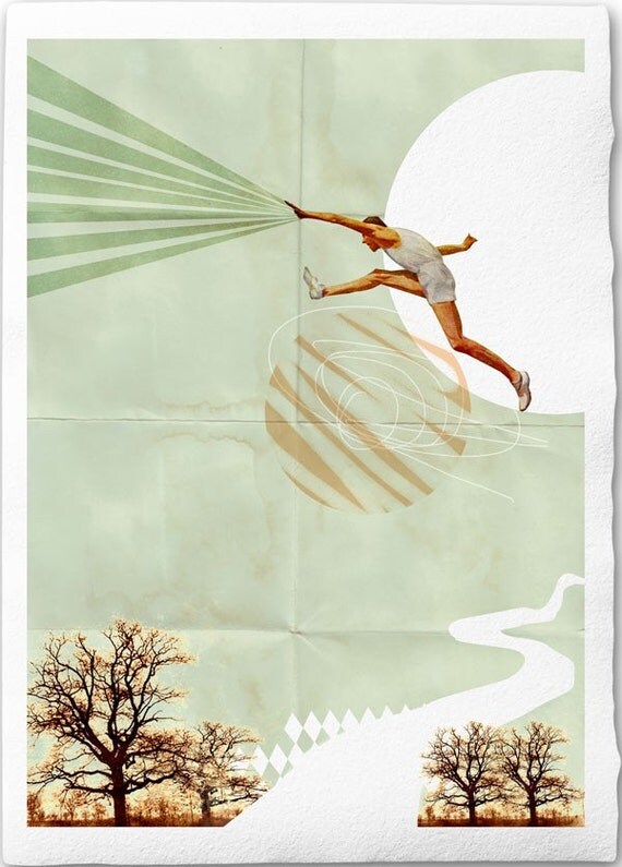 You Can Do It -Fine Art Collage Illustration Print Handmade Watercolor Paper 8x12, Sportsman jumping into the sky