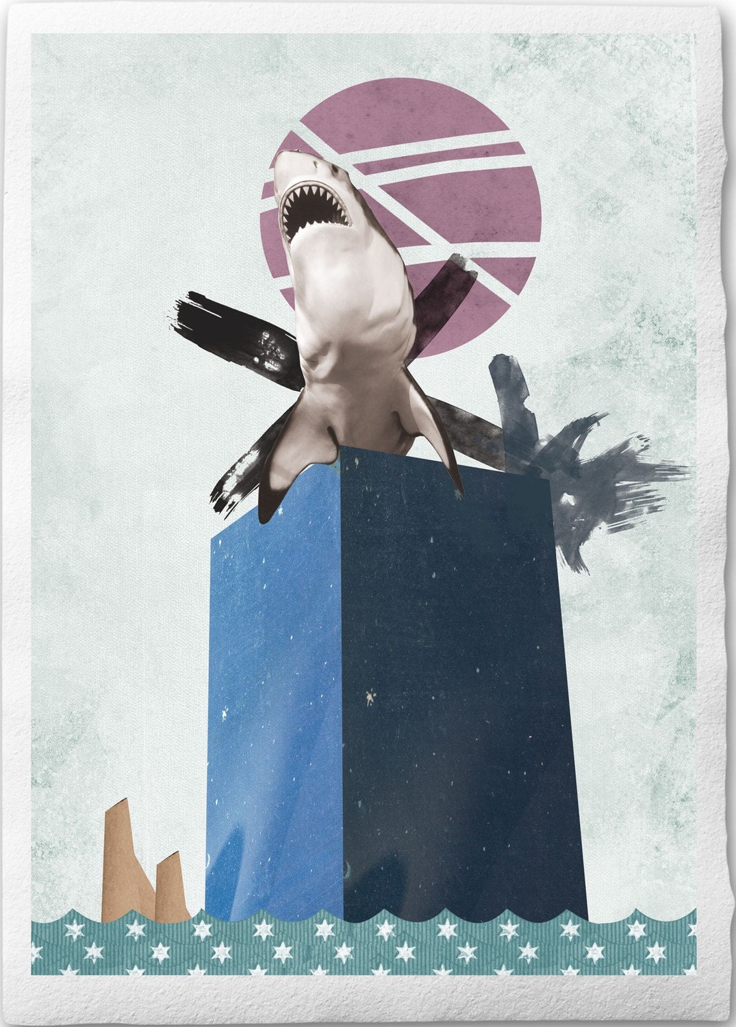 No.17 - A  C O L L A G E  A   D A Y- February 15th 2011 "My pet the shark " Print on Handmade Watercolor Paper