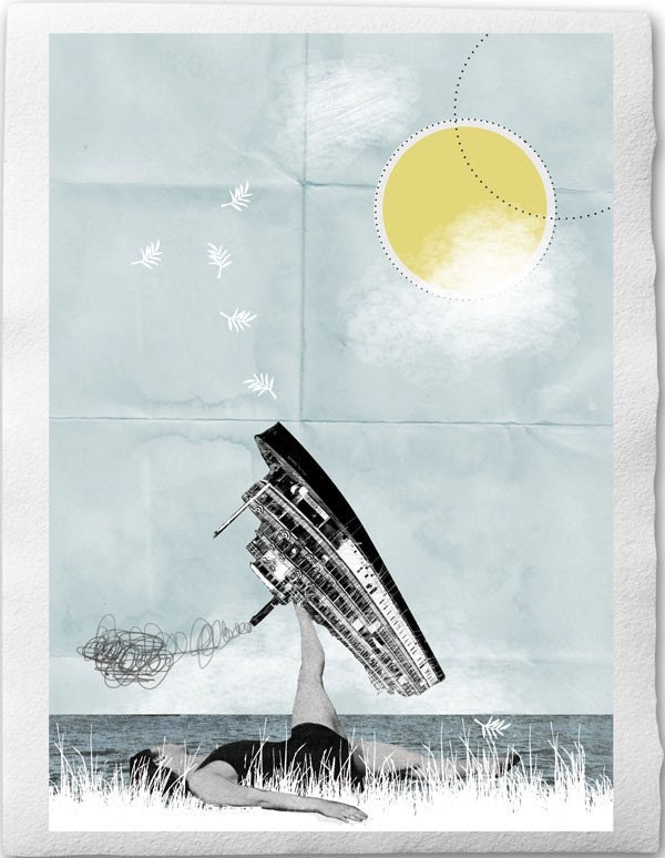 Fisherman's woman - Collage Illustration Print on handmade watercolor paper, 8x12 inch