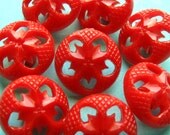 Vintage Buttons - Set of 8 - Red Plastic Floral Fifties Pierced Fun Funky Housecoat - LillianOlive