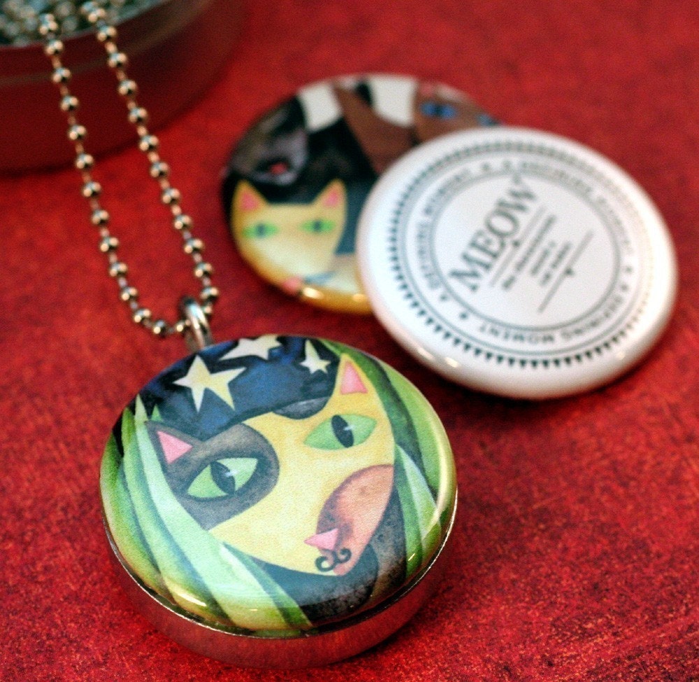 MEOW Cat Art Locket - 3 in 1 Magnetic Necklace, Polarity, StudioPetite