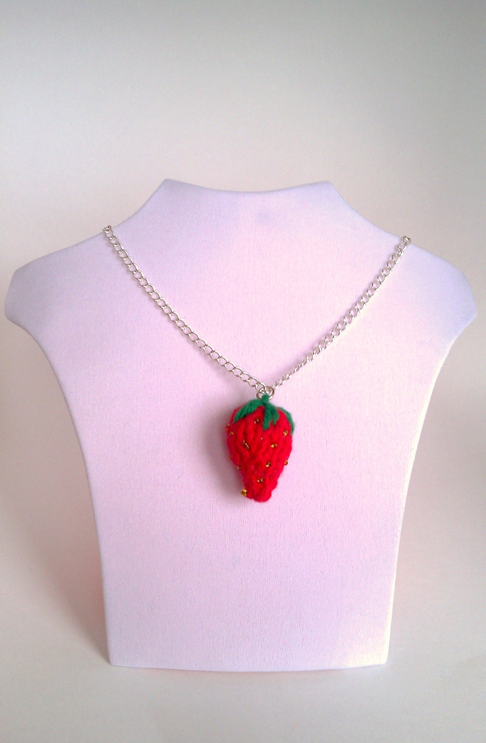 handknit strawberry necklace - cute and girly red beaded strawberry pendant on a silver tone chain with lobster clasp