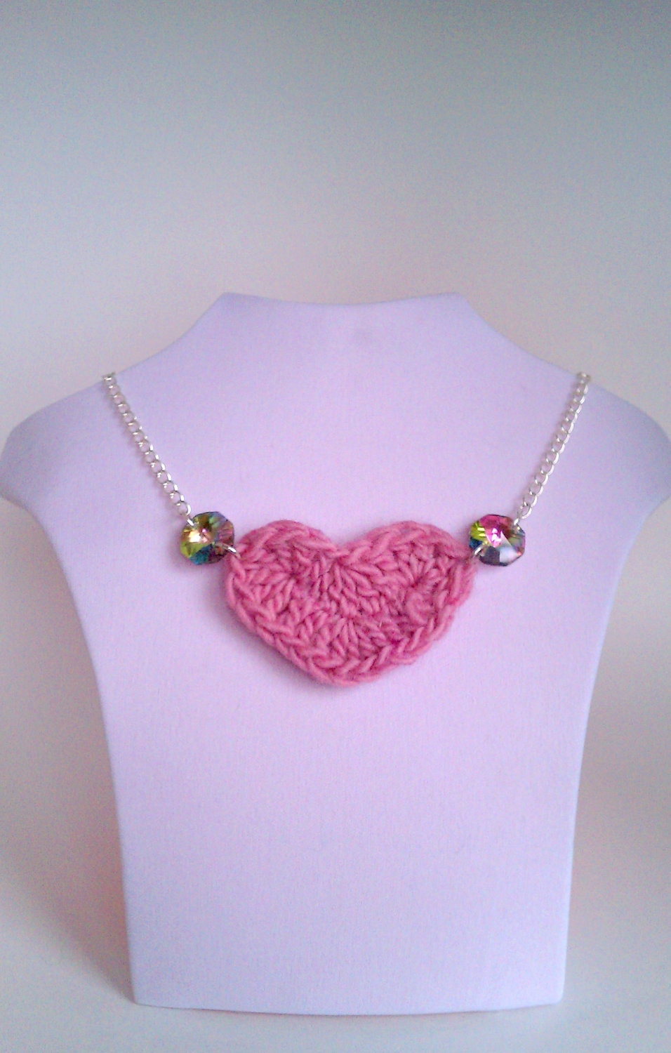 crochet heart and gem necklace - cute and girly bubblegum pink heart pendant with two faceted faux gems on a silver tone chain