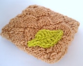 handknit leaf applique entrelac pouch - quilted woven-look bag with lime green crochet leaf and matching vintage green zipper