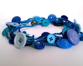 hand crocheted metallic button necklace or wrap bracelet - unique stretchy long royal cobalt blue crochet chain with vintage and new buttons