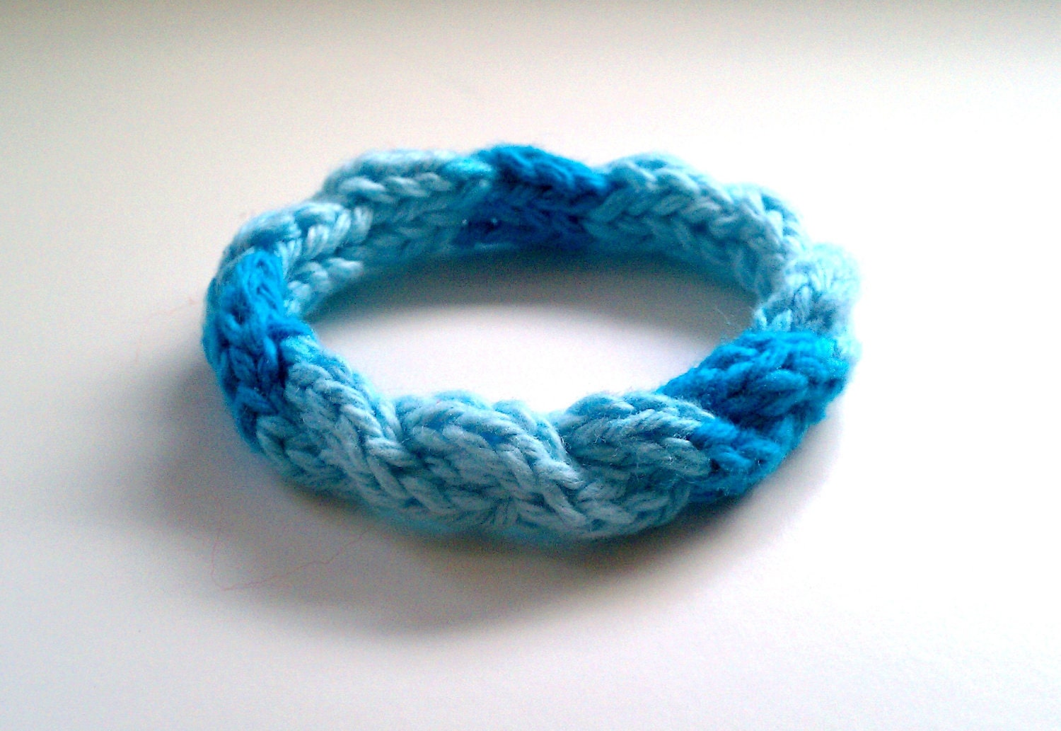 blue ombre handknit cabled cotton bracelet - sky and aqua blue variegated nautical twisted braided knit cotton fiber cuff