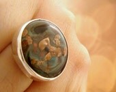 Silver Adjustable ring in Green Coral Black color, silver ring, glass ring