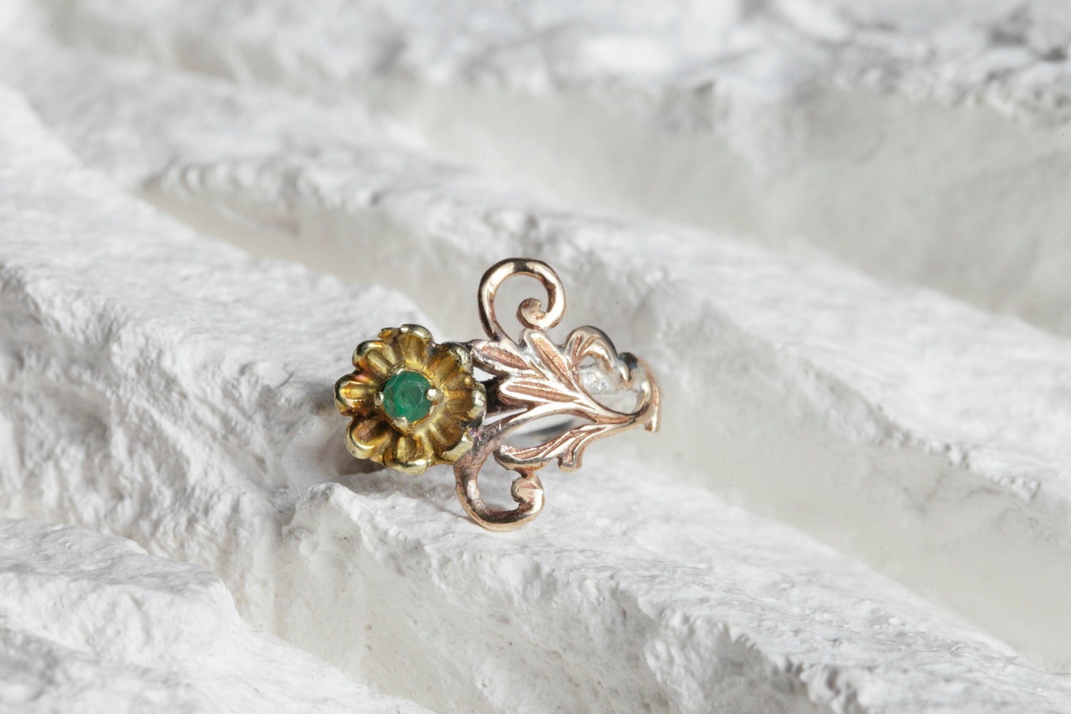 Bronze Brass Silver Ring with Raw Emerald Flowers