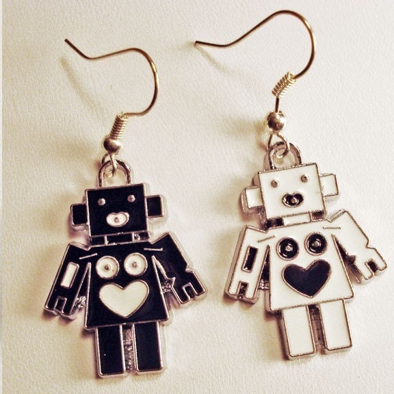 Black and white robot fish hook earrings in FREE gift box