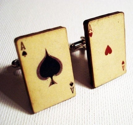 Ace of Spades and Ace of Hearts vintage style playing cards on silver cufflinks in FREE gift box