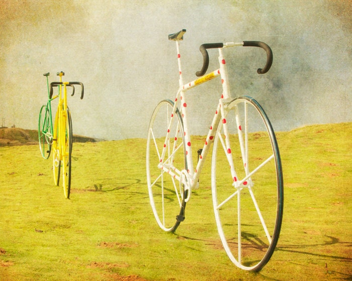 Tour de France, wiggo, Bicycle photo, yellow jersey, biker, bikes, mustard yellow, bicycle print, cycling, polka dots