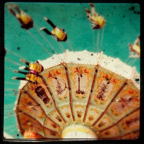 Summer photography nursery decor carnival swing photo turquoise circus antique carousel autumn - 8x8 Swinging at Tibidabo