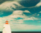 Lighthouse photography teal art nautical art seashore photo ocean print horizon seascape beach east coast - Beacon 8x12