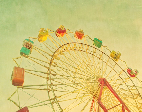 Ferris wheel print nursery art whimsical art pastel colors yellow summer carnival 5x7 fine art photo