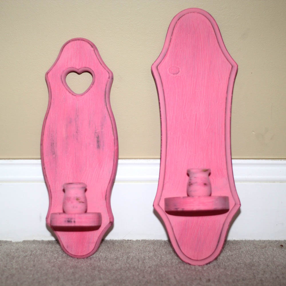 Wall Sconce Candle Holder Pink Shabby Chic Set of 2 Pair Wood