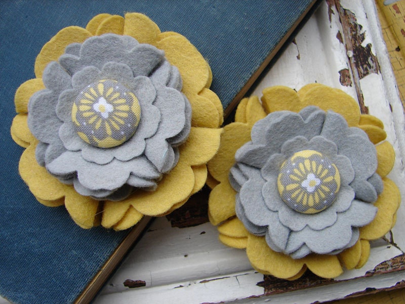 Wool Felt Flowers - Large Blooms - Yellow and Gray with Covered Button