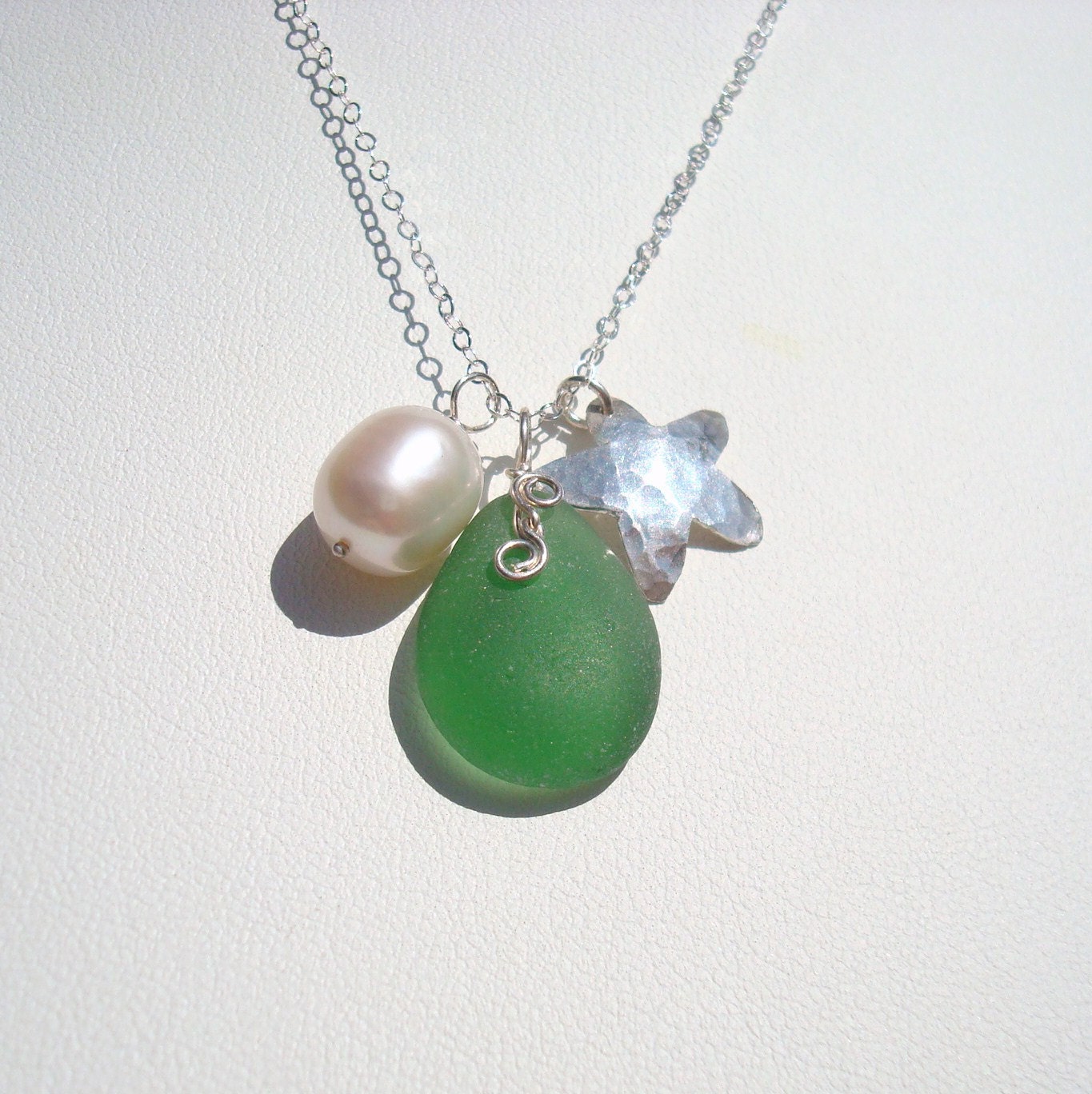 Sea Glass Necklace -Green Seaglass -Freshwater Pearls Starfish Charm Sterling Silver Jewelry