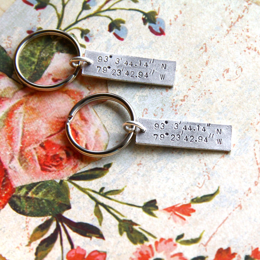 GPS Coordinates Keychain . Hand Stamped Lat / Long antiqued charm . One Rectangle pendant in Copper, Silver or Gold . Souvenir