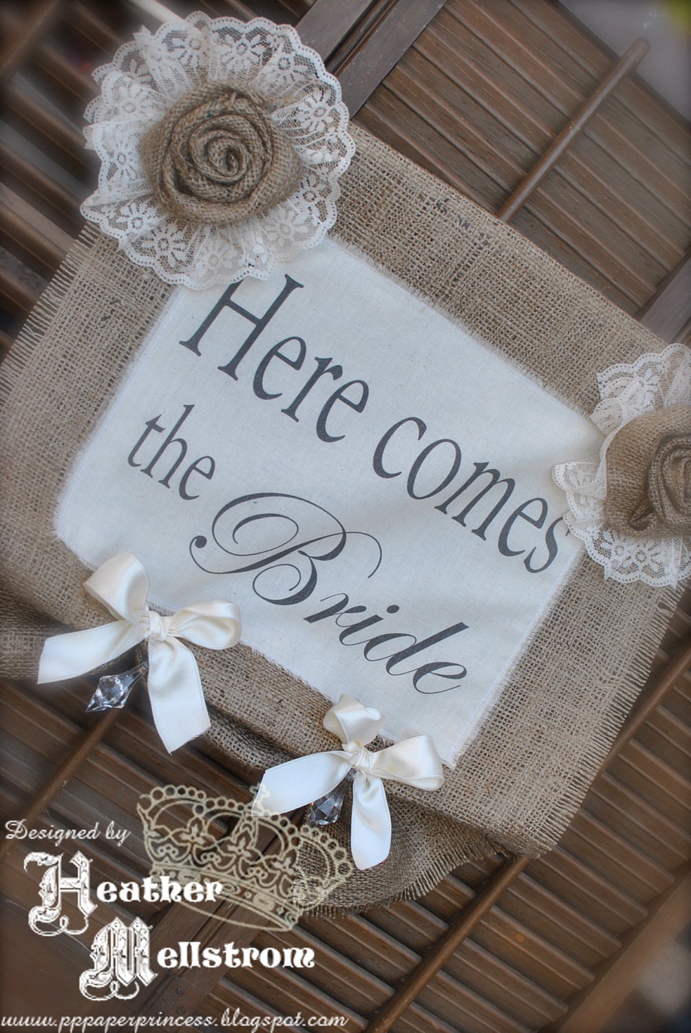 Double sided 'Here comes the bride' 'And they lived happily ever after' burlap sign/banner, for flower girl or ring bearer