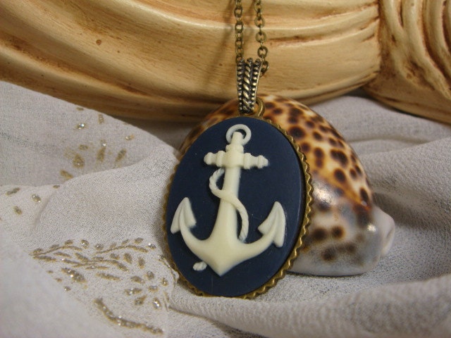 Navy Anchor Cameo Necklace