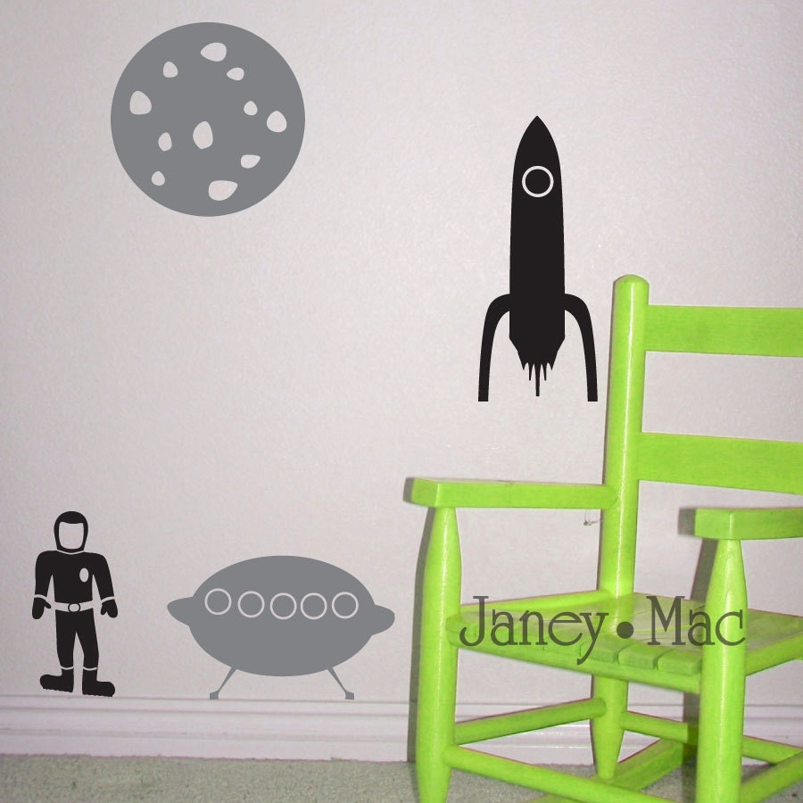 Astronaut Wall Decal with Rockets and Moon - Outer Space Vinyl Wall Art - Children Bedroom Nursery Boy Sticker - CB103