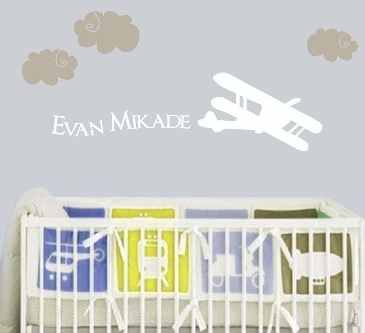 Airplane with Name Wall Decal - Children's Bedroom Nursery Decor - Clouds Sky Plane - CB126