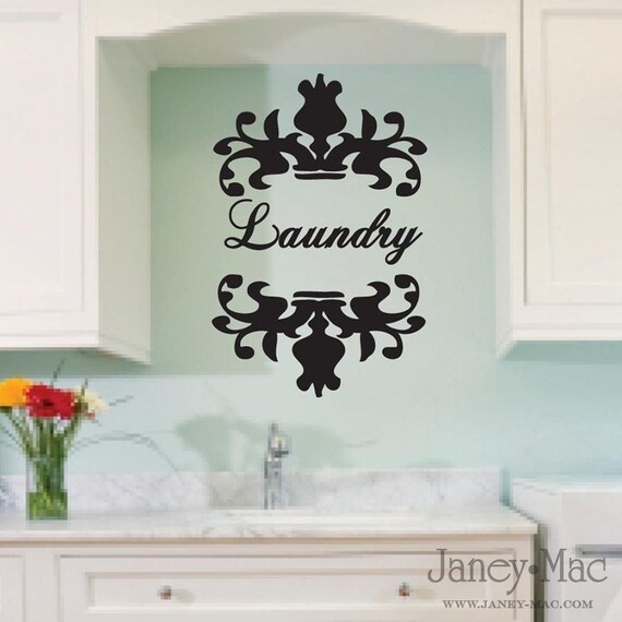 Laundry Wall Decal with Swirl Ornate Frame - French Chic Damask - Vinyl Wall Art Sticker - HWL106B