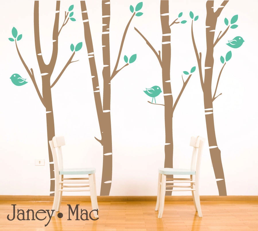 Winter Birch Trees Wall Decal with Birds - Nursery Bedroom - Vinyl Wall Art Room Decor Stickers - CT110