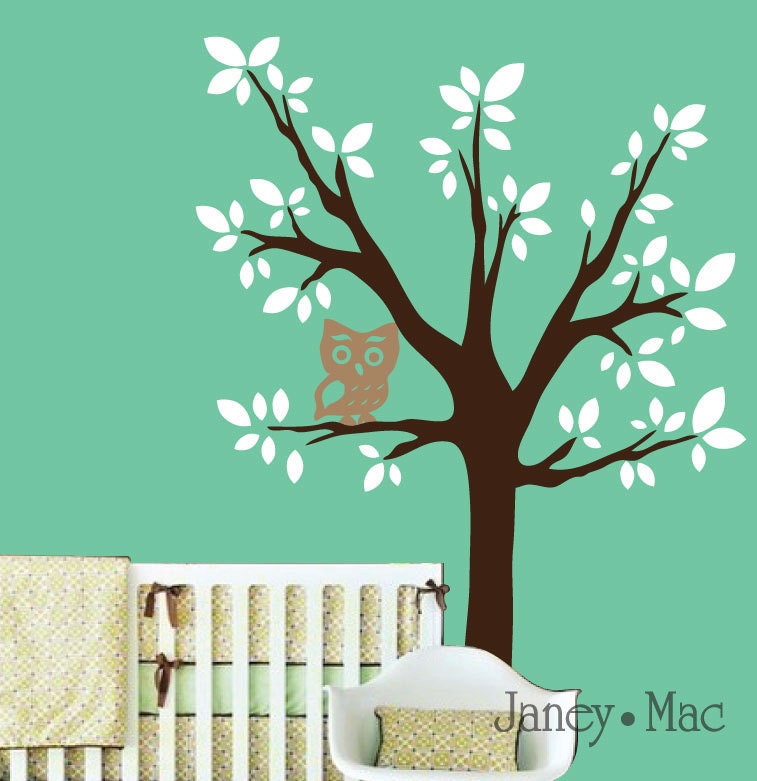 Modern Childrens Wall Decal Tree with Owl - Oversized Vinyl Wall Art Sticker - Children's Bedroom Nursery Wall Decor - CT105