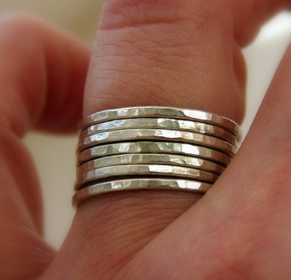 Set of 7 sterling silver stackable rings, hammered textured shiny bands, Made to order in your size