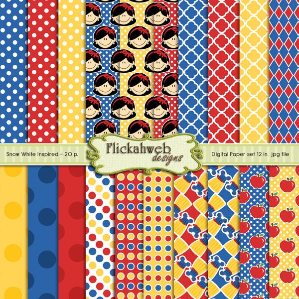 Snow White inspired Digital papers - 12x12 blue red yellow - printable paper princess
