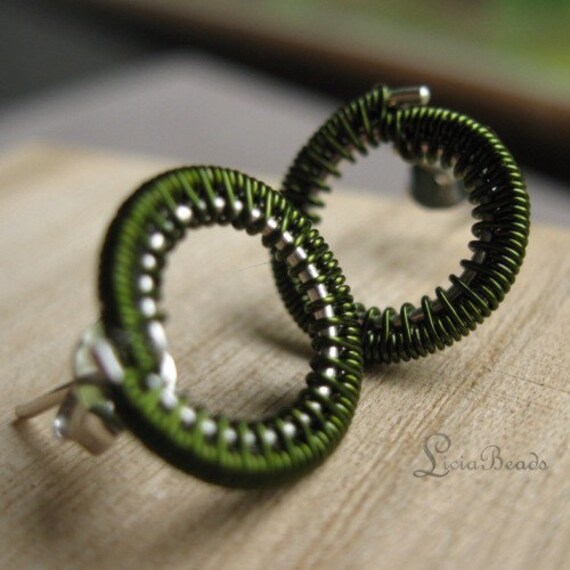 Forest Green Circles - wirewrapped sterling silver circle earrings