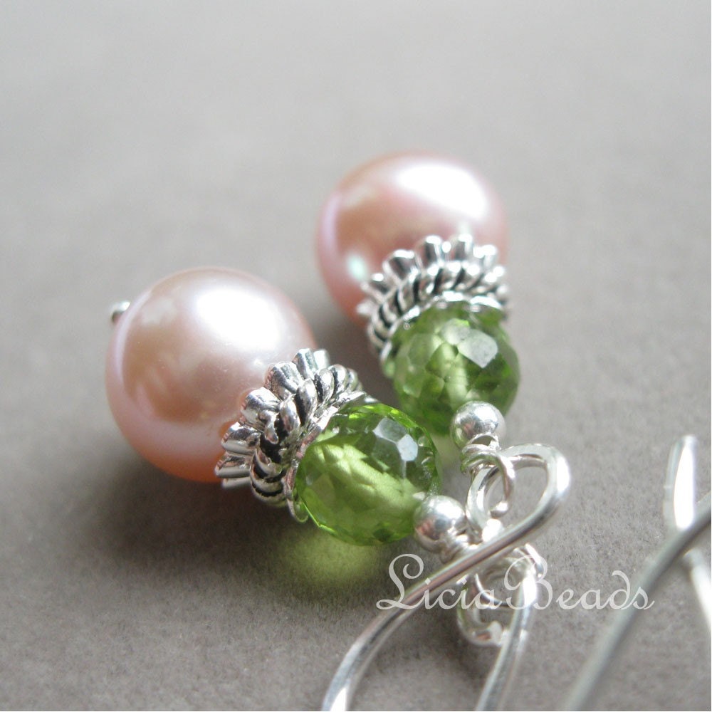 Duets - Peridot, freshwater pearl and sterling silver earrings