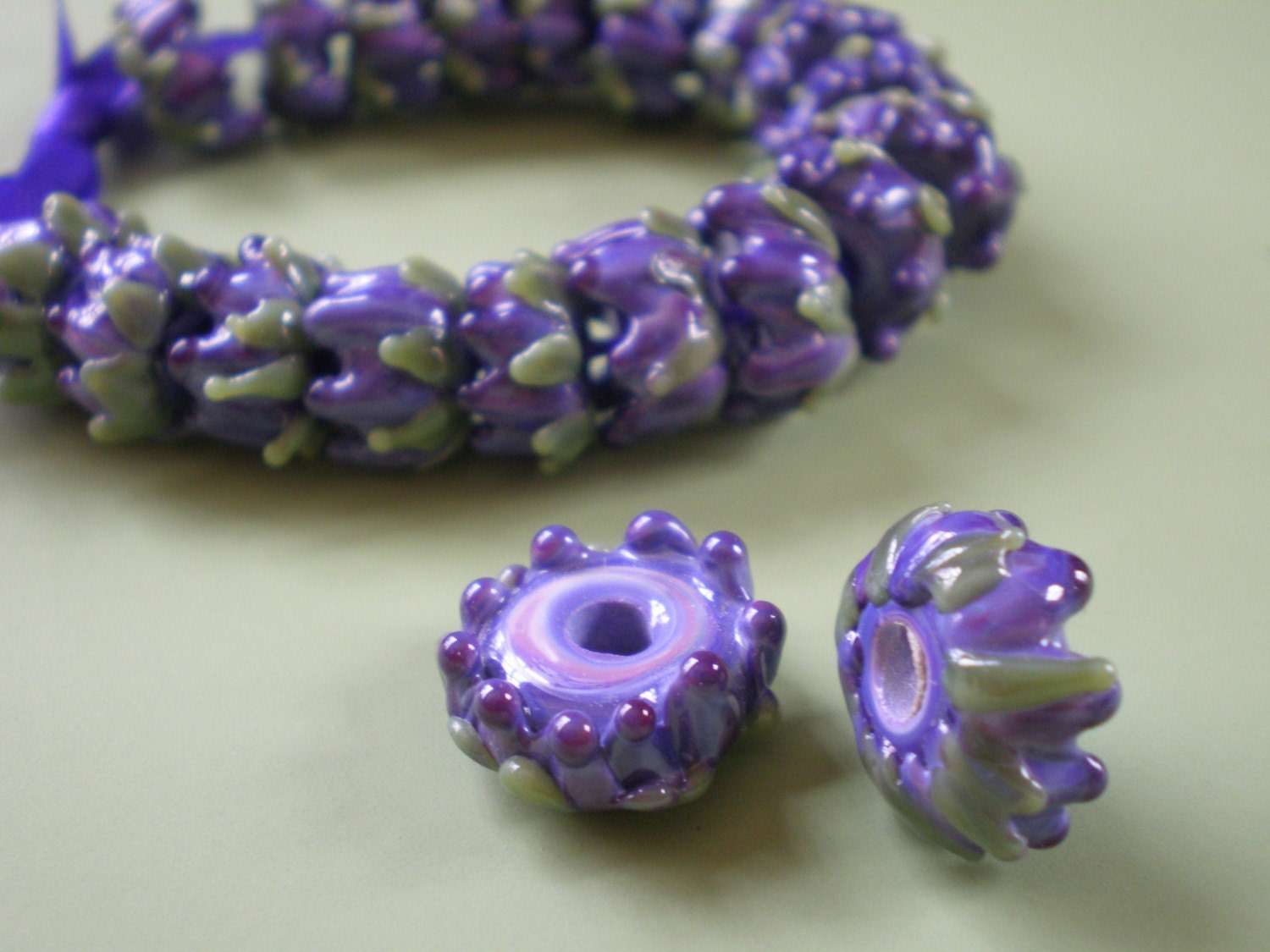 Purple Lavender Buds Glass Bead, Lampwork,  with French Lavender Sachet Buds