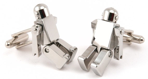 Chrome Robot Cufflinks with Movable Arms and Legs - Free Cuff Link Box