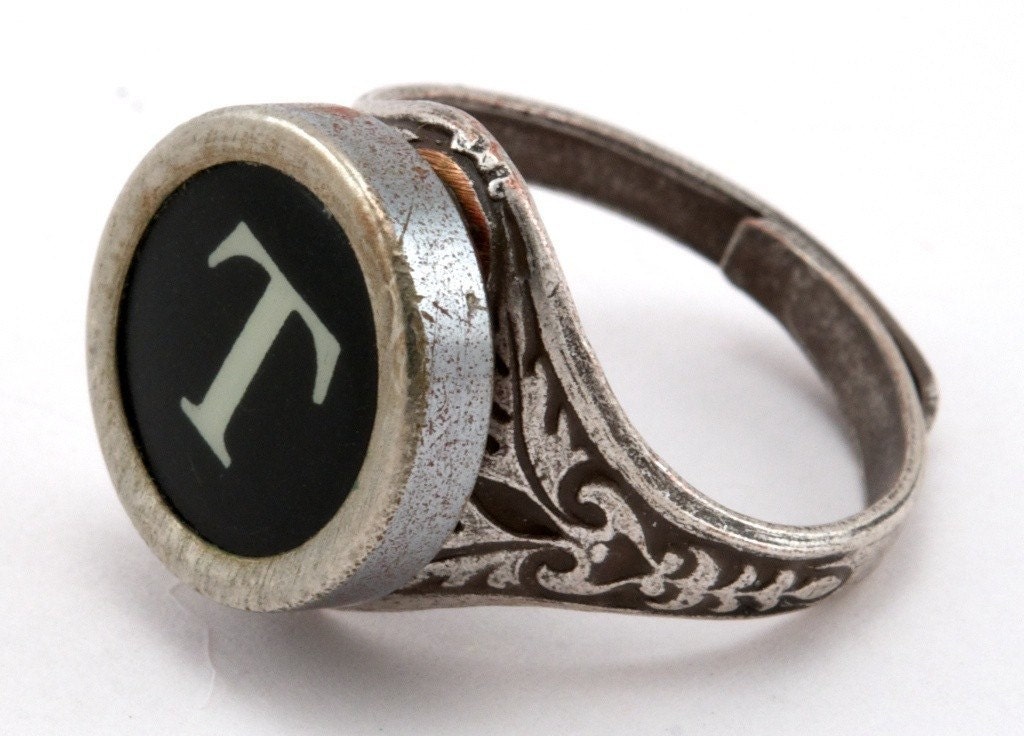 Typewriter Key Ring - Initial Letter T - Vintage Black or White Keys - Fully Adjustable