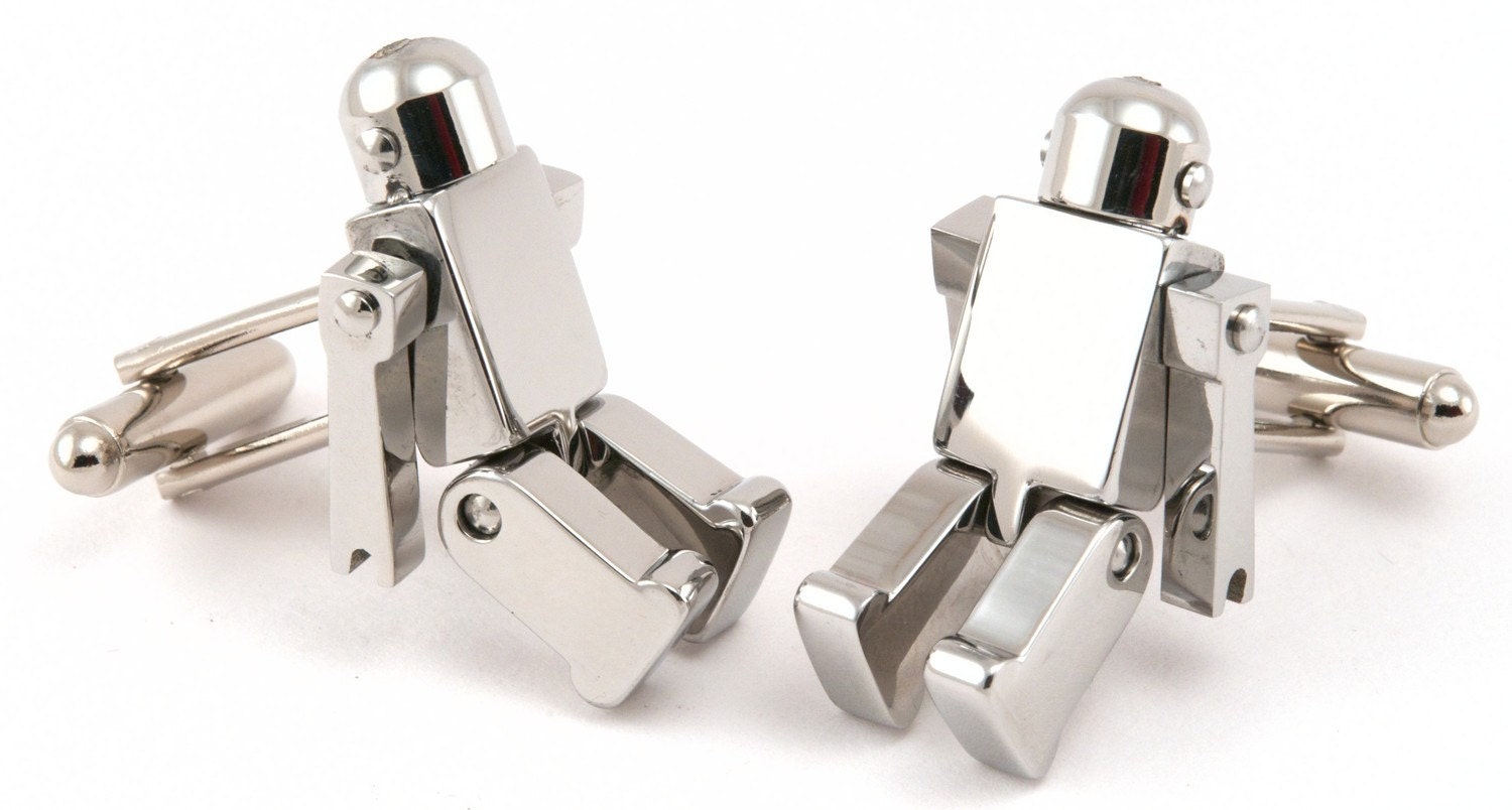 Chrome Robot Cufflinks with Movable Arms and Legs - Free Cuff Link Box