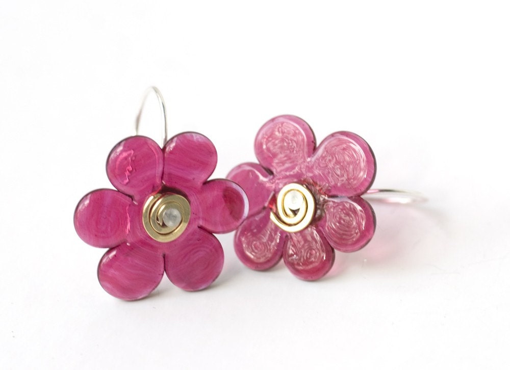 Fuchsia Pink Flower Disc Lampwork Handmade Glass Bead Pierced Earrings Made to Order