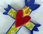 sacred heart ceramic cross with bright blue & chartreuse