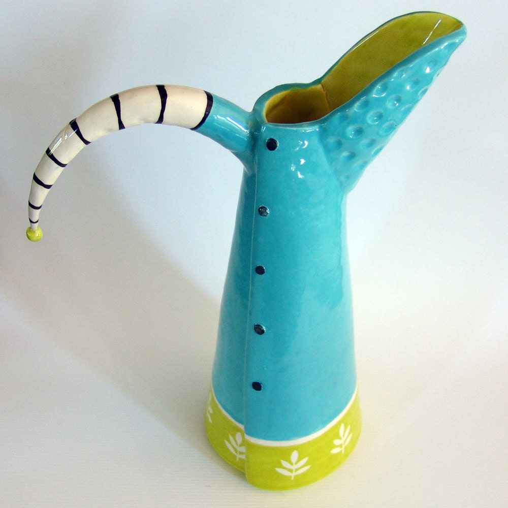 ceramic pitcher / vase in turquoise & kiwi with striped handle