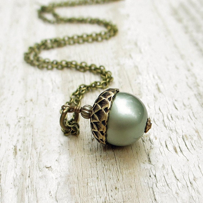 Pearl Acorn Antiqued Brass Necklace -  Swarovski Crystal Pearl, Brass Chain, Powder Green, Woodland, Blue Green - BeadinByTheSea