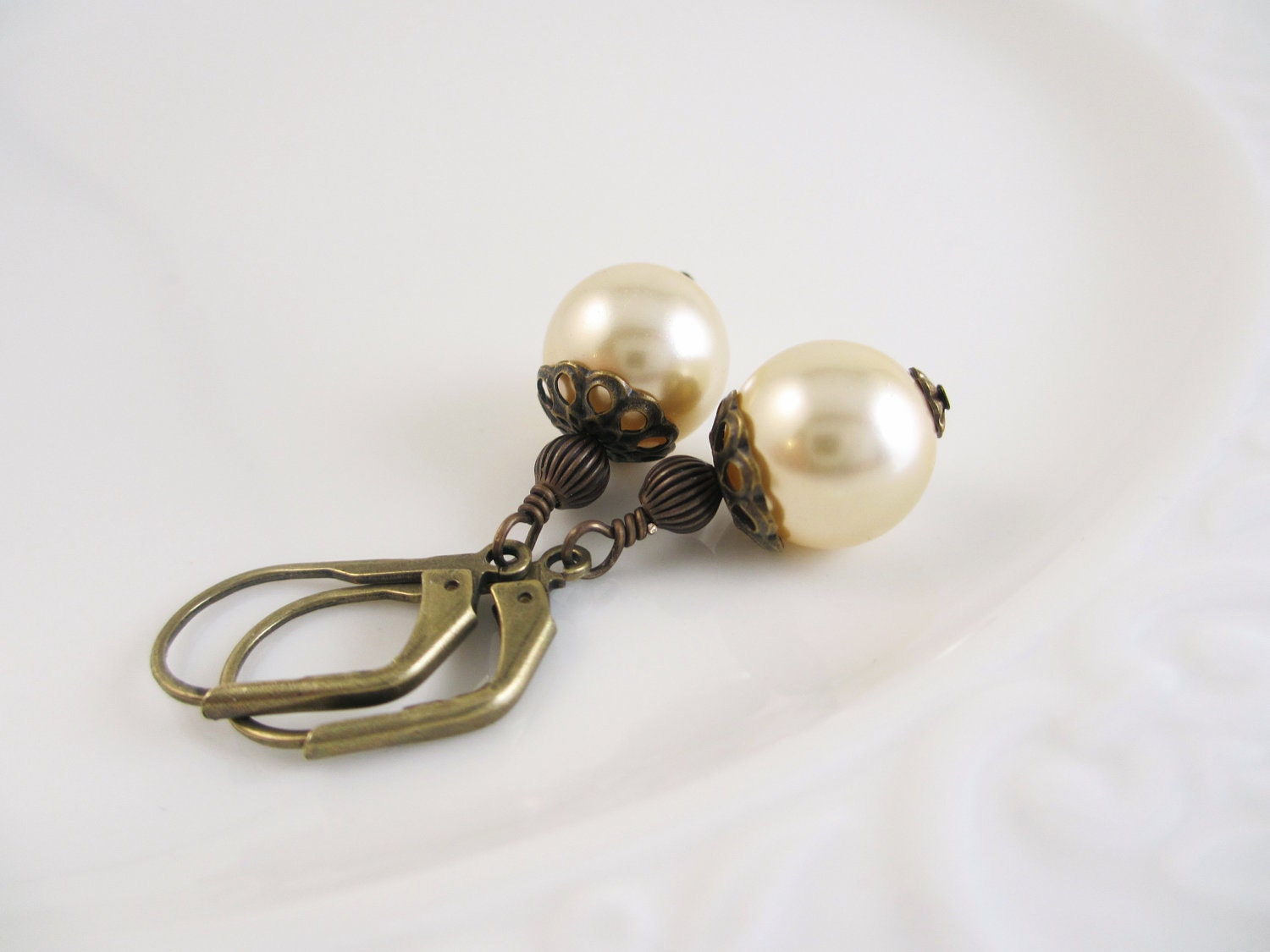 Pearl Antiqued Brass Earrings... Swarovski Pearl, Light Gold, Cream, Filigree, Victorian, under 20