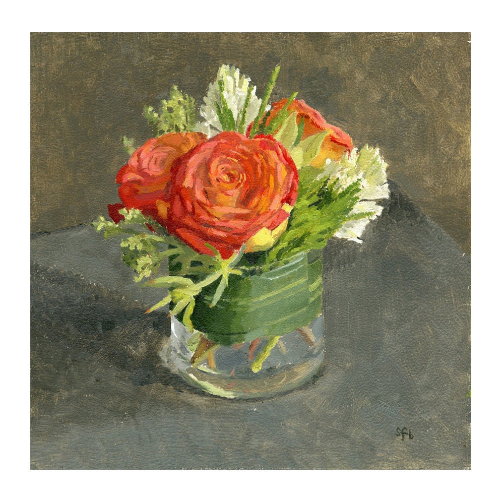 Roses and Hyacinth:  Original Framed Oil Painting Red and Gold Roses, Flowers, Floral Still Life