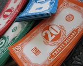 Vintage Play Money in Red, Orange, Blue and Green