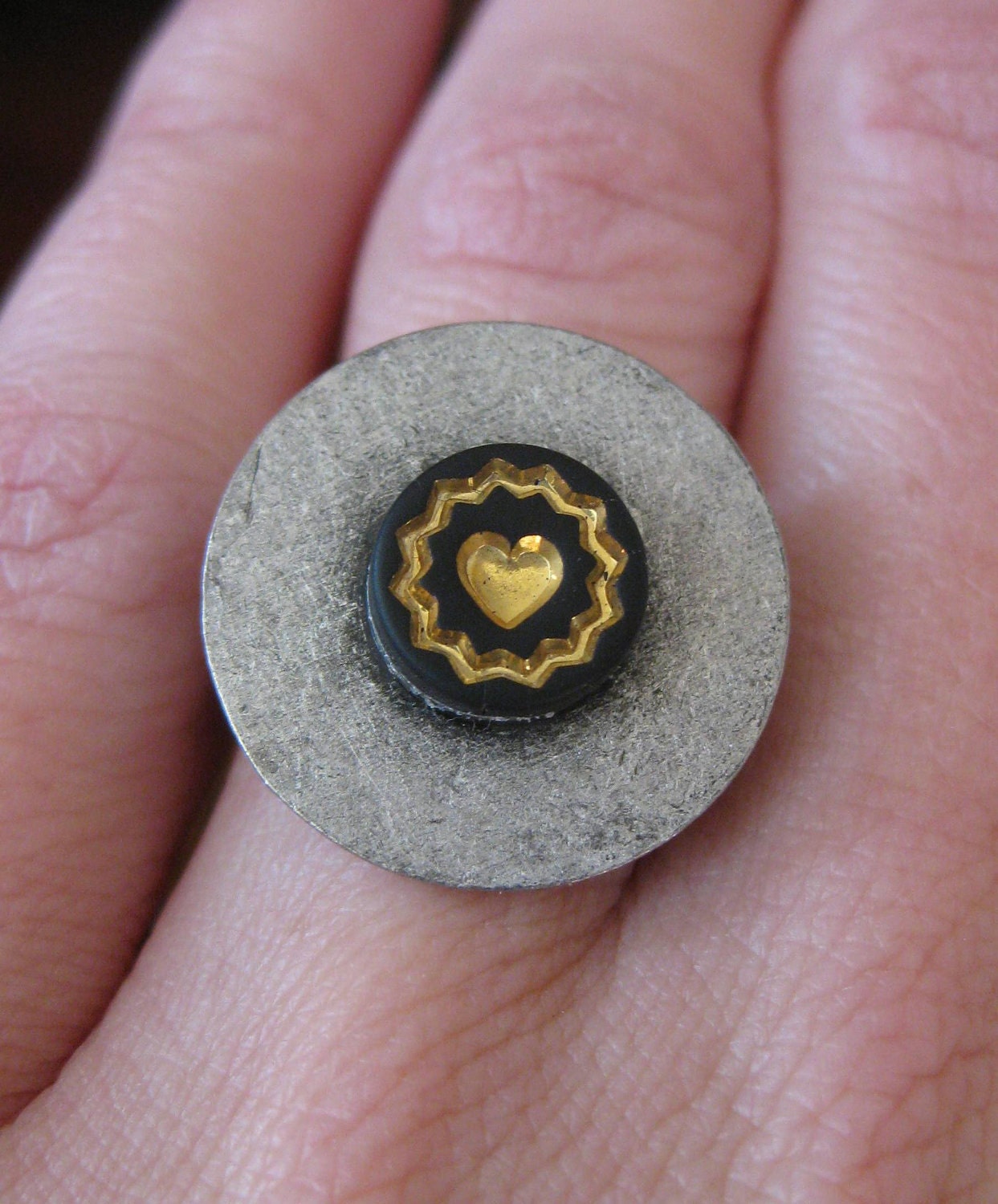 Vintage Button "Heart of Gold" Ring in Pewter, Black and Gold