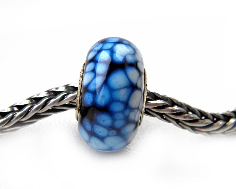 Black and Blue Snow Glow mosaic - Bracelet bead with sterling silver core