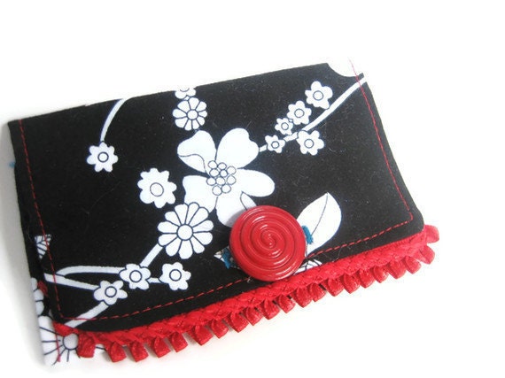 Mini Pouch - Black and White Flower with Red Button - Gift for New Job