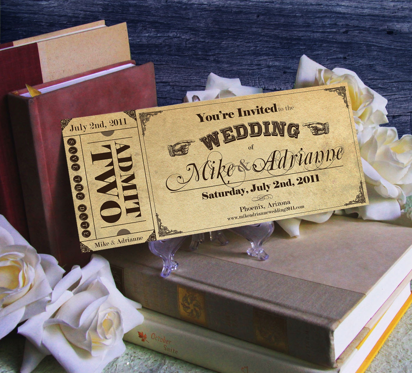 Vintage Ticket Save the Date or Wedding Invitation Set FREE Shipping within the US
